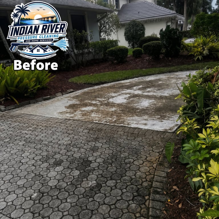 Before photo of driveway with green mold and algae growth on patterned pavers, showing landscaping alongside residential home