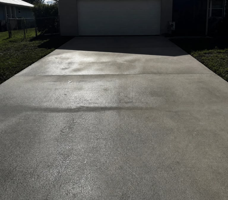 Concrete driveway leading to a dark garage with surrounding grass and landscaping