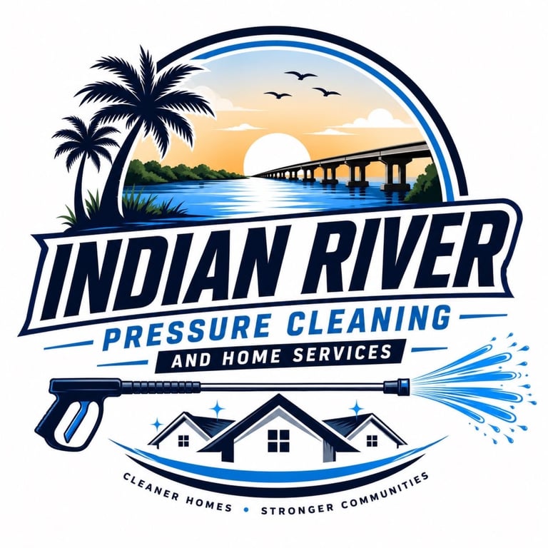 Indian River Pressure Cleaning and Home Services logo featuring a palm tree, bridge, sunrise, pressure washer, and house